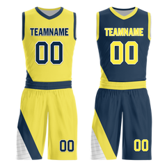 Custom Yellow Blue Classic Style Reversible Basketball Uniform Personalized COOLMAX BBJR-D017060