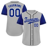 Custom Grey Blue Raglan Sleeves Blue Authentic Baseball Jersey