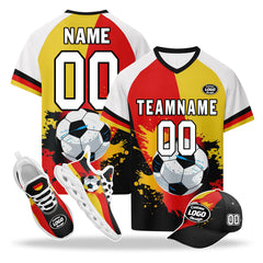 Custom Germany 2026 World Cup High Quality Soccer Stadium Version Jersey Sneakers Sports Shoes and Hat Combo Offer Personalized Team Name and Logo ZH-F028100-6