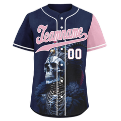 Custom Blue Pink Skull Fashion Personalized Authentic Baseball Jersey BSBJ01-D017145