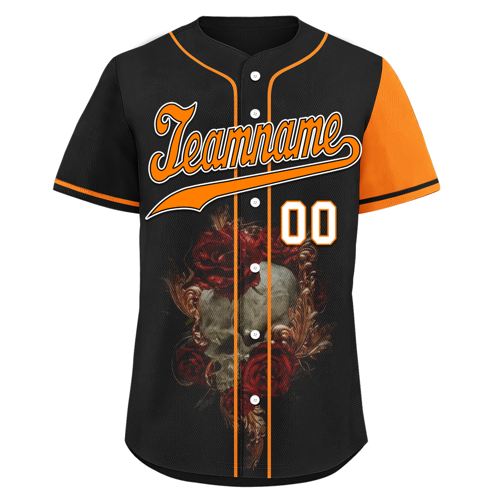 Custom Black Orange Skull Fashion Personalized Authentic Baseball Jersey BSBJ01-D017156