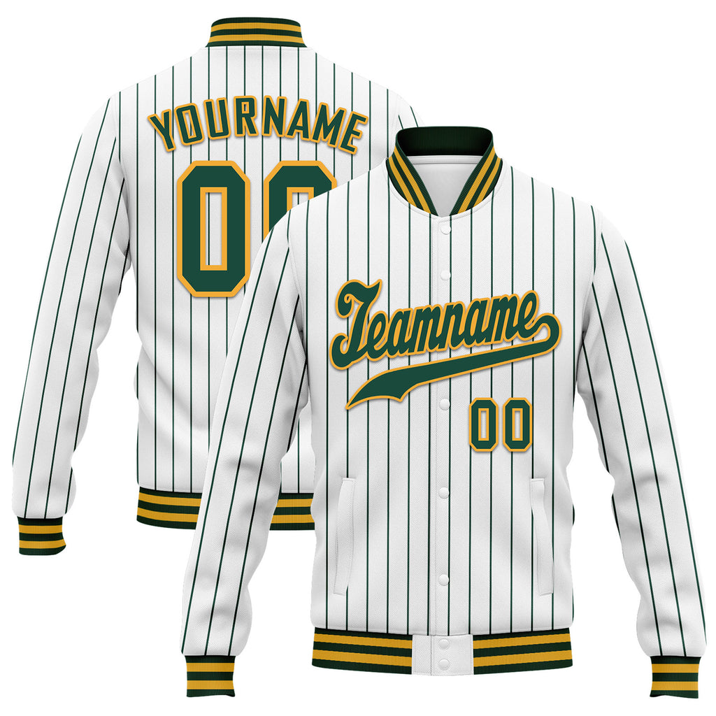 Custom White Forest Green Stripe Fashion Jacket Bomber Full-Snap Varsity Letterman Personalized Jacket FZ005-D020219-5