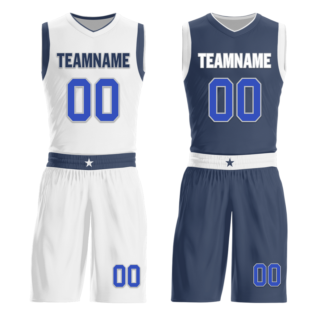 Custom White Blue Classic Style Reversible Basketball Uniform Personalized COOLMAX BBJR-D017054