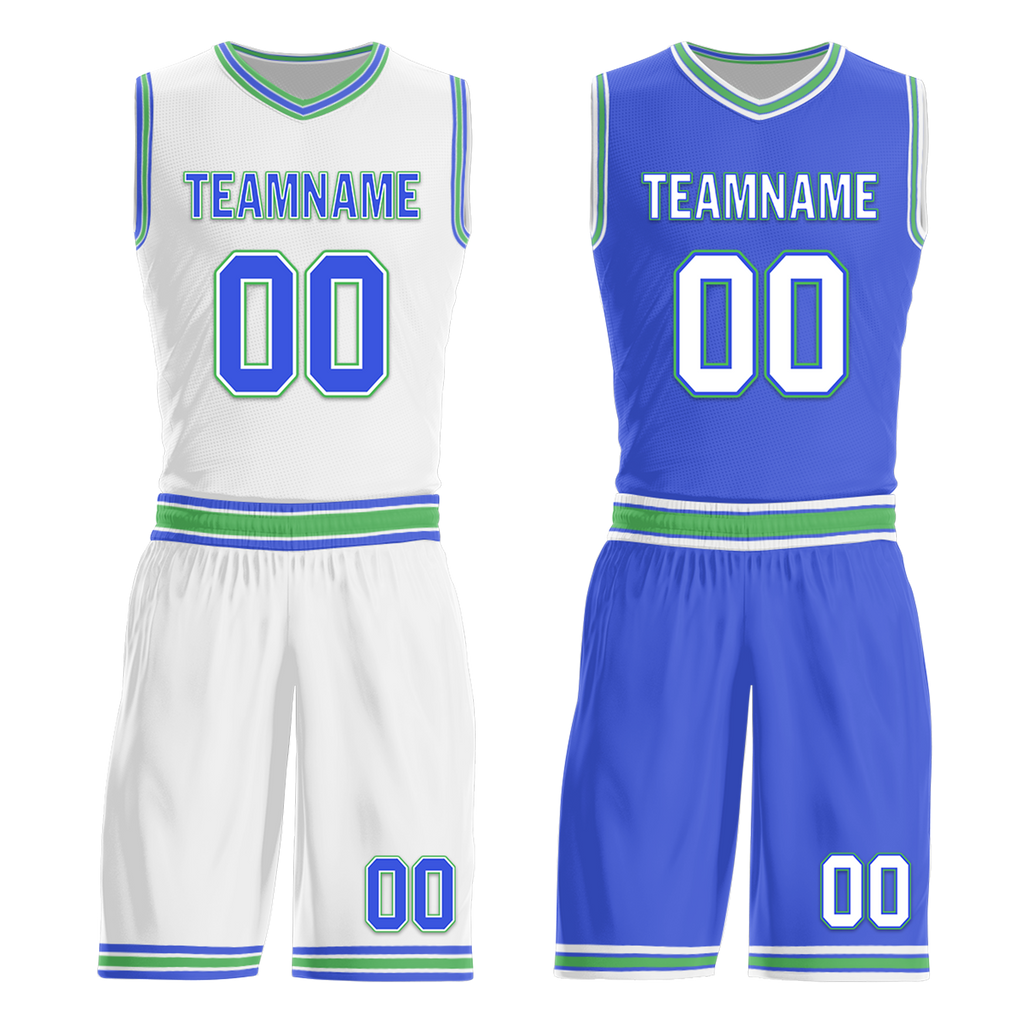 Custom White Blue Classic Style Reversible Basketball Uniform Personalized COOLMAX BBJR-D017045