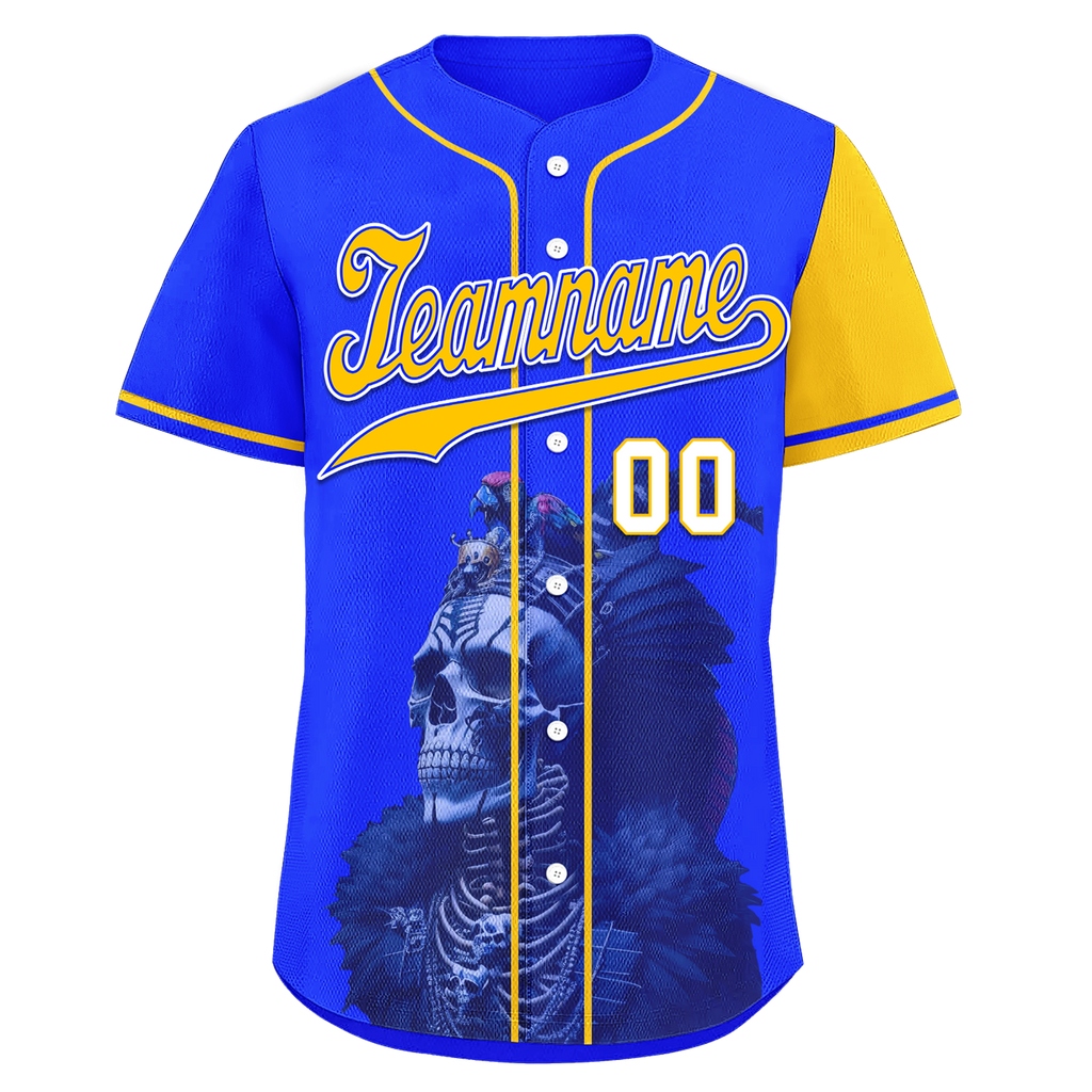 Custom Blue Yellow Skull Fashion Personalized Authentic Baseball Jersey BSBJ01-D017157