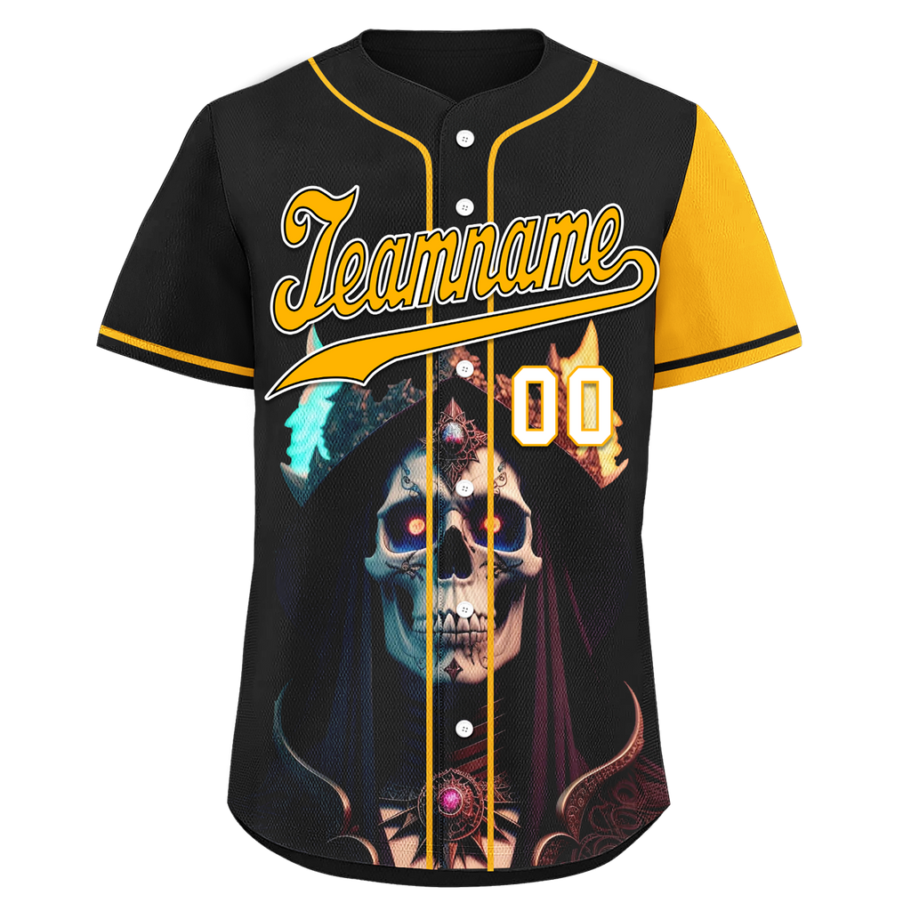 Custom Black Yellow Skull Fashion Personalized Authentic Baseball Jersey BSBJ01-D017155