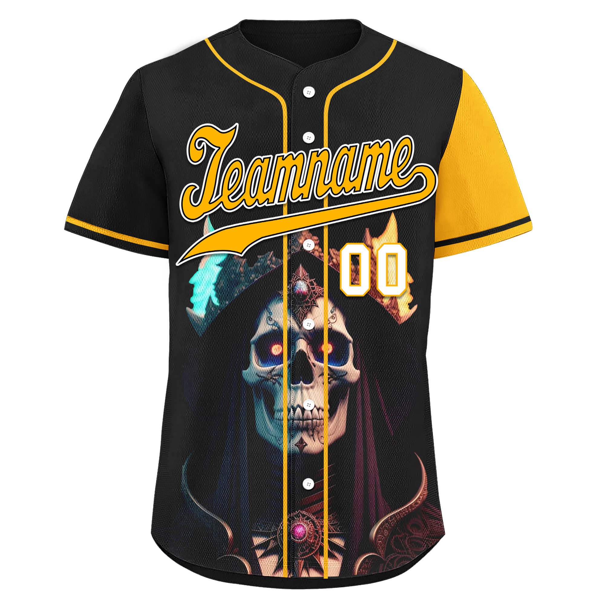 Custom Black Yellow Skull Fashion Personalized Authentic Baseball Jersey BSBJ01-D017155