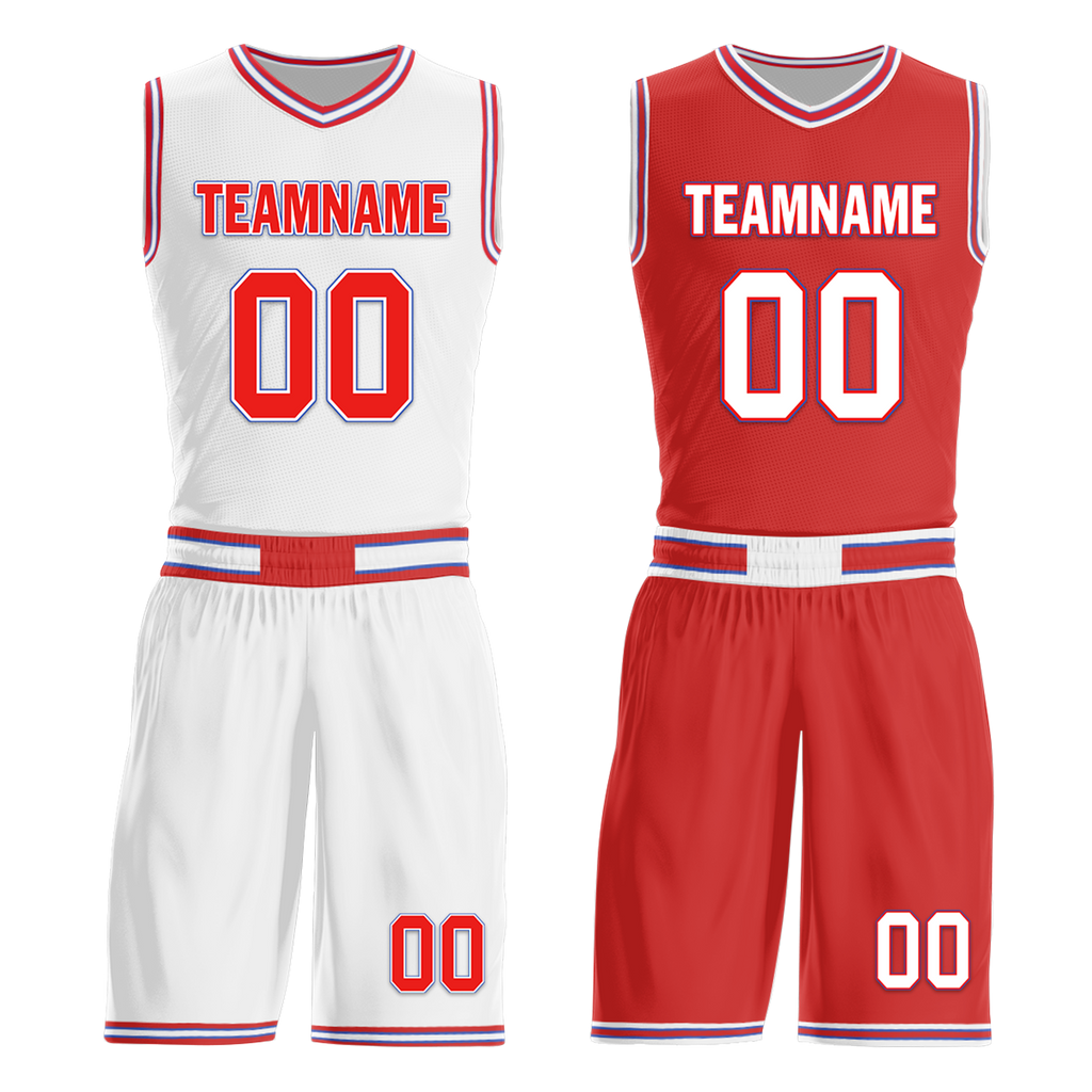 Custom White Red Classic Style Reversible Basketball Uniform Personalized COOLMAX BBJR-D017041