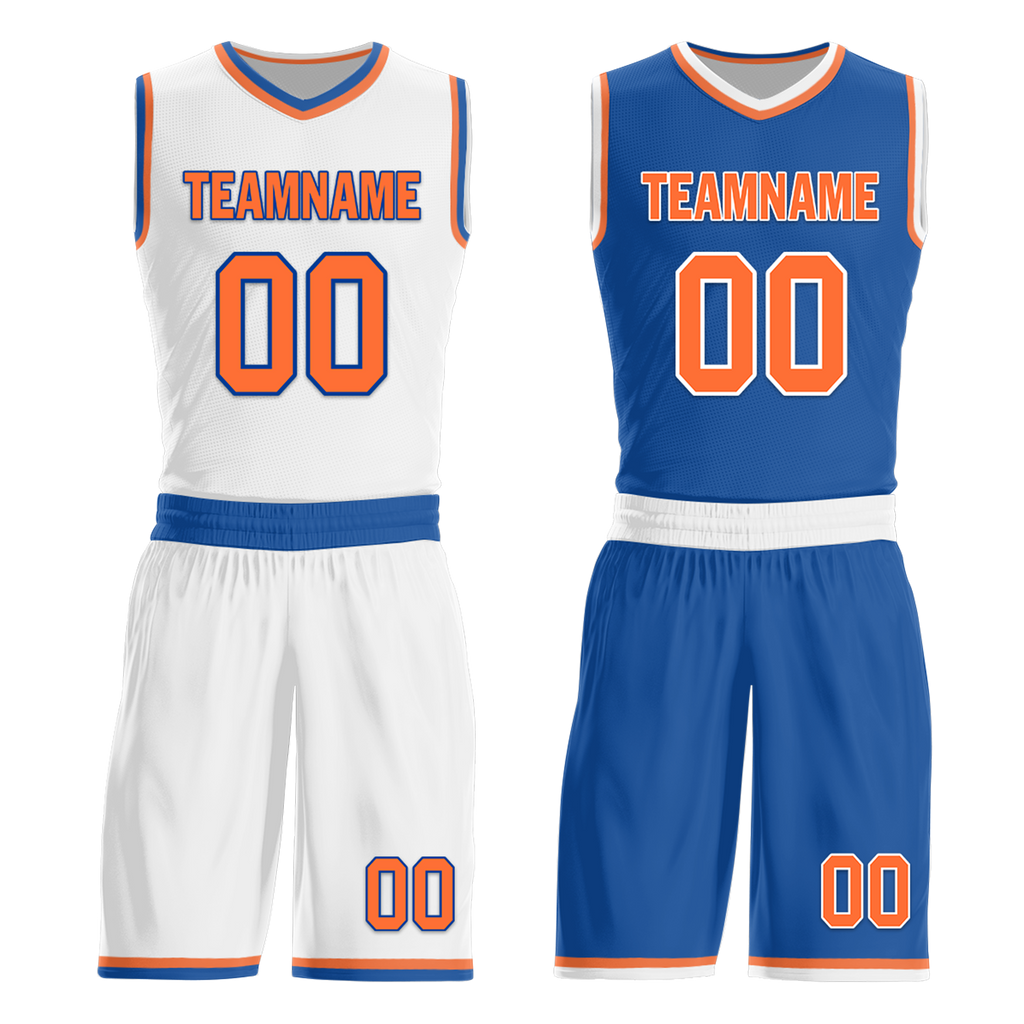 Custom White Blue Classic Style Reversible Basketball Uniform Personalized COOLMAX BBJR-D017016