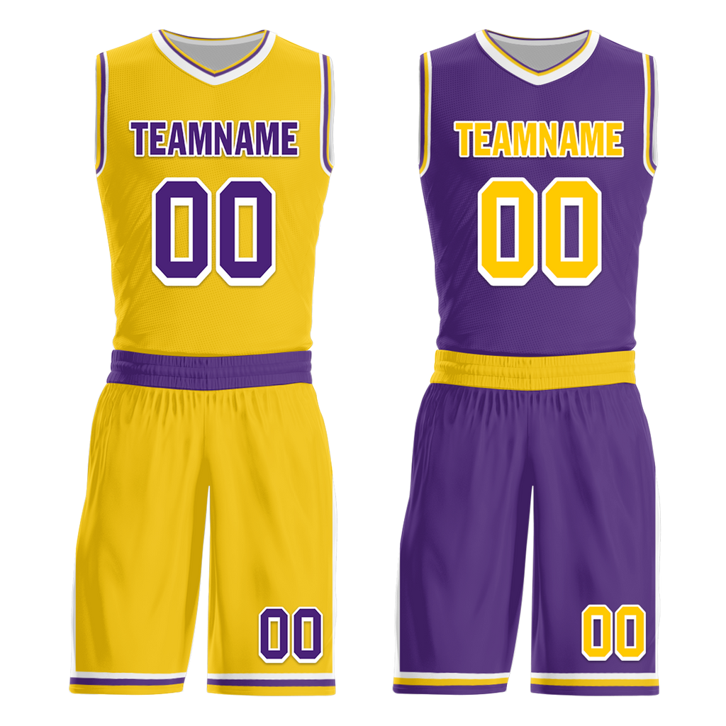 Custom Yellow Purple Classic Style Reversible Basketball Uniform Personalized COOLMAX BBJR-D017034
