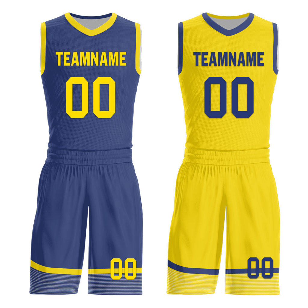Custom Blue Yellow Classic Style Reversible Basketball Uniform Personalized COOLMAX BBJR-D017003