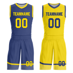 Custom Blue Yellow Classic Style Reversible Basketball Uniform Personalized COOLMAX BBJR-D017003