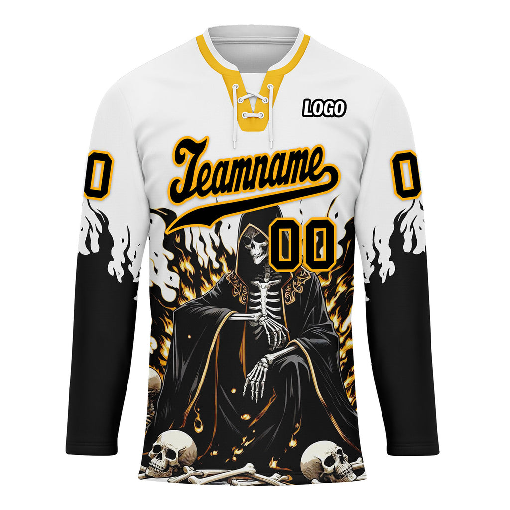 Custom White Black Gold Gothic Personalized Hockey Jersey HCKJ01-E0601-13
