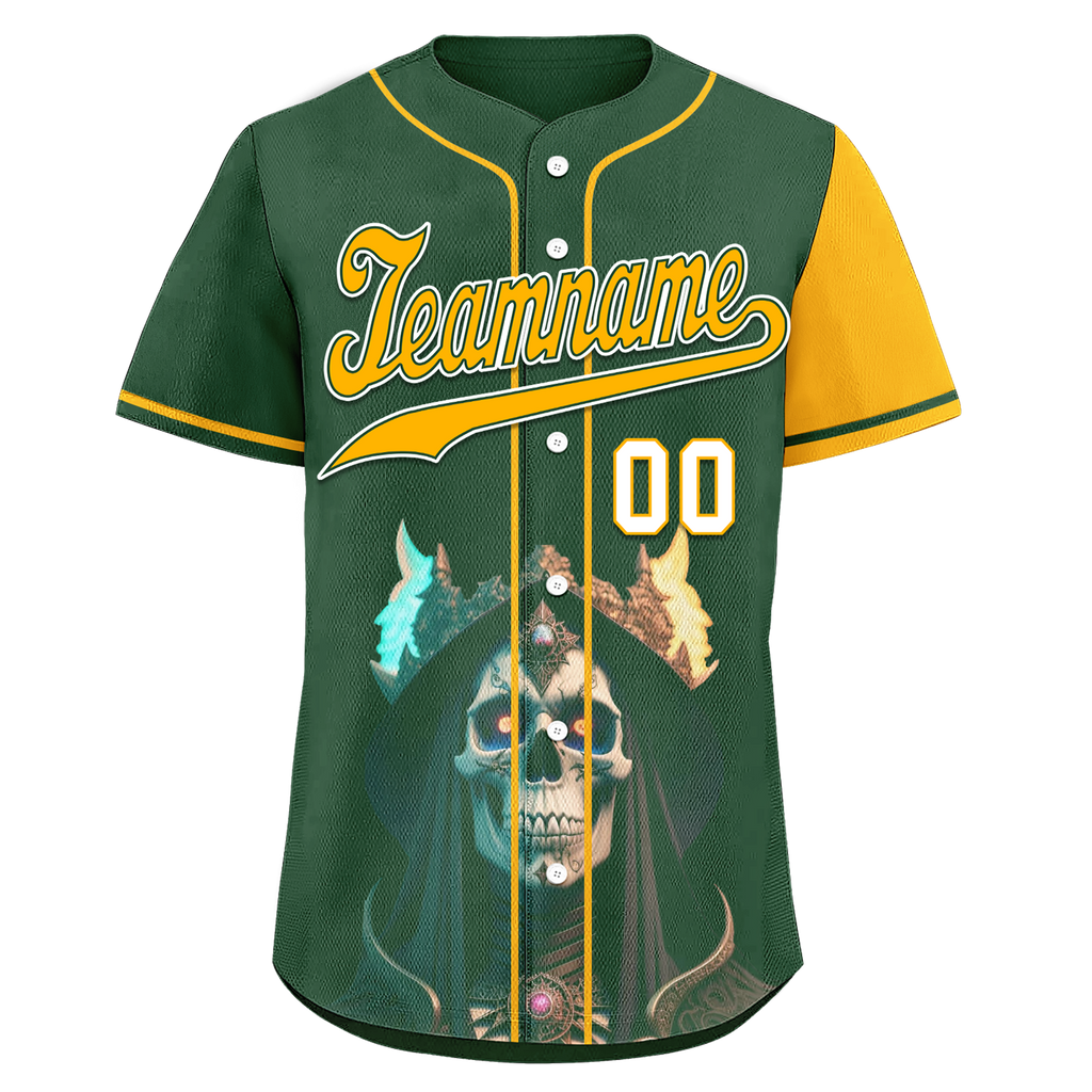 Custom Green Yellow Skull Fashion Personalized Authentic Baseball Jersey BSBJ01-D017154