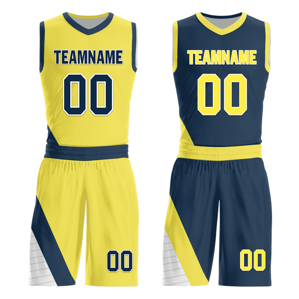 Custom Yellow Blue Classic Style Reversible Basketball Uniform Personalized COOLMAX BBJR-D017060
