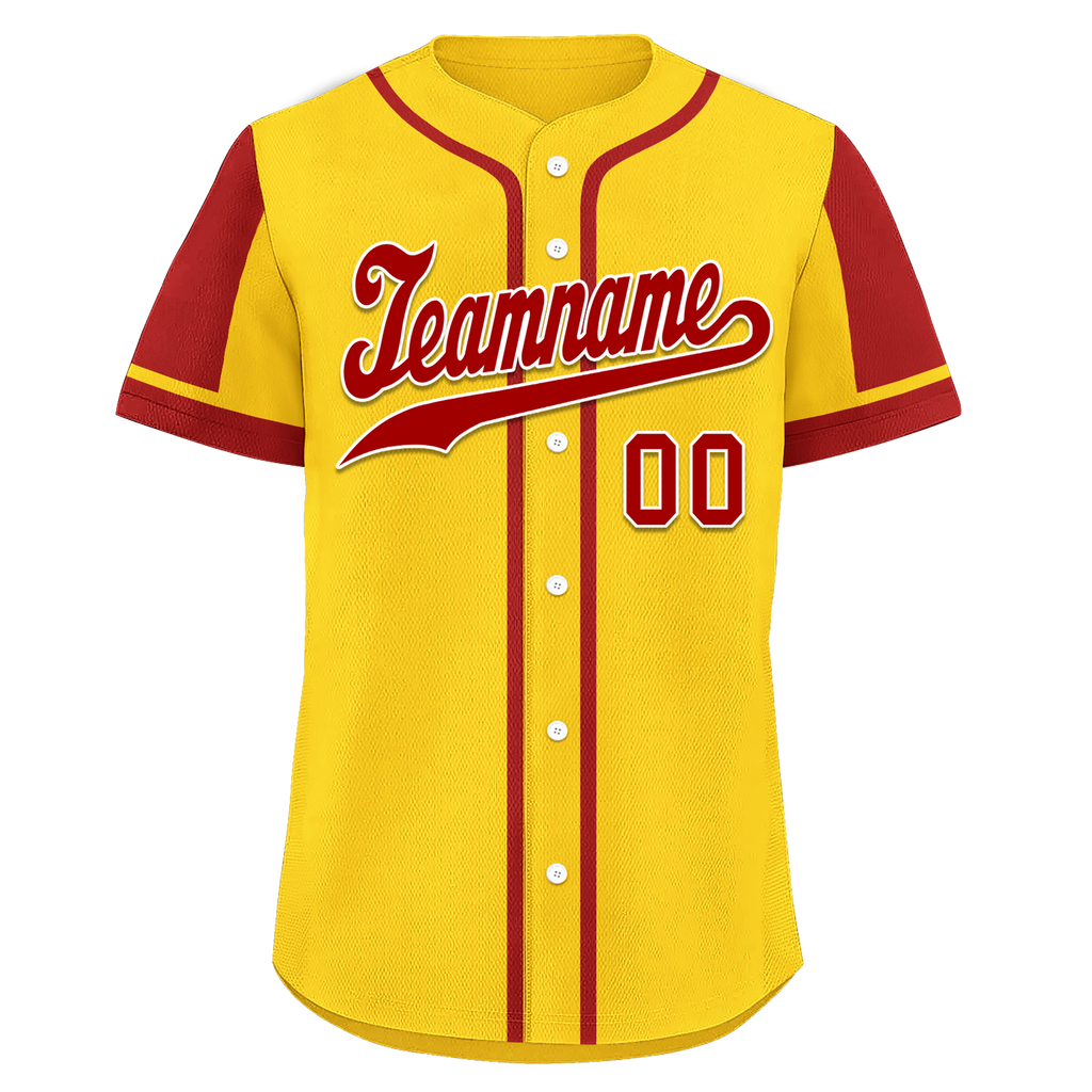 Custom Yellow Red Raglan Sleeves Personalized Authentic Baseball Jersey BSBJ01-D017203