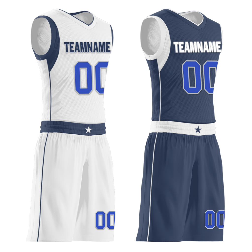 Custom White Blue Classic Style Reversible Basketball Uniform Personalized COOLMAX BBJR-D017054