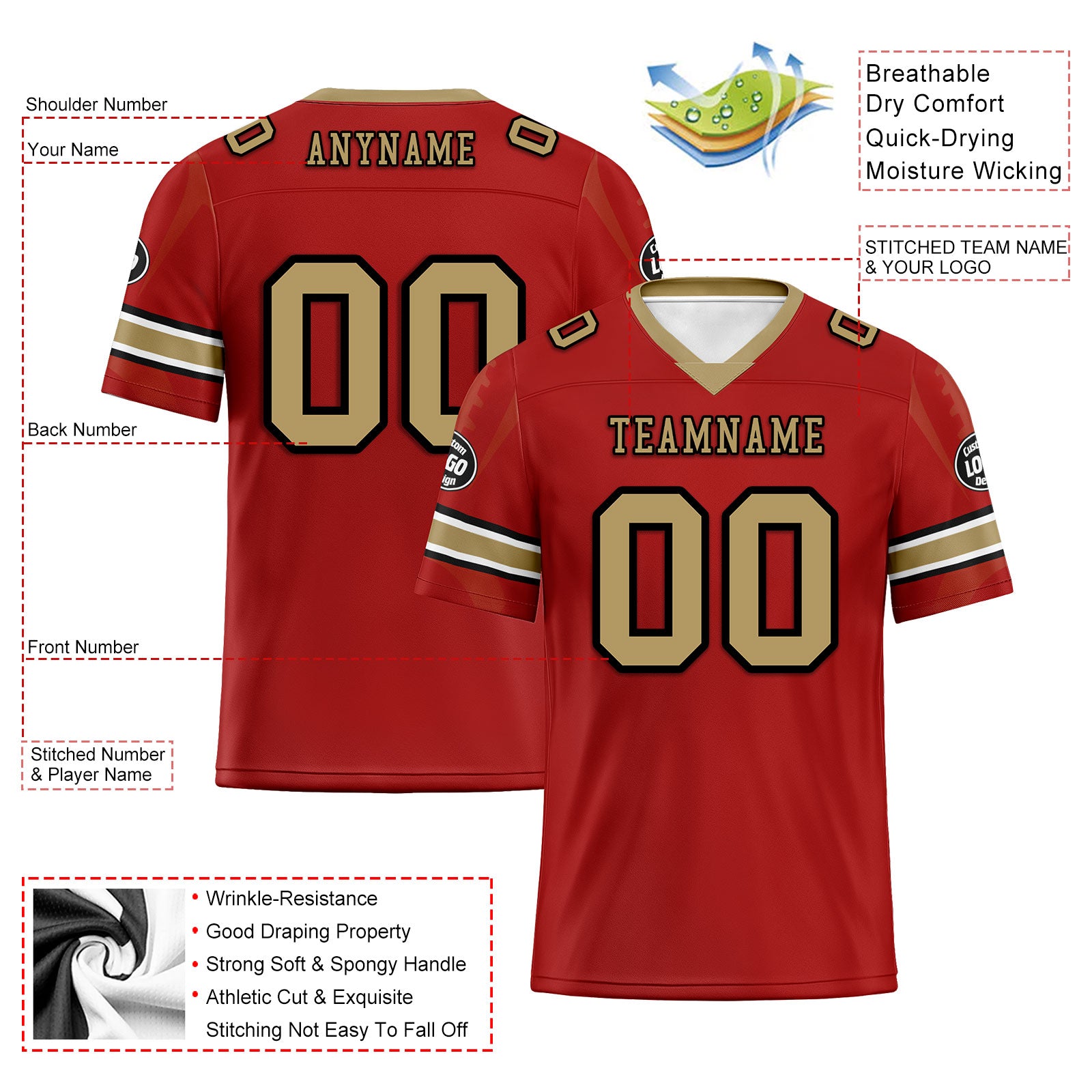 Custom Red San Francisco Personalized Authentic Football Jersey FBJ02-D025033-22