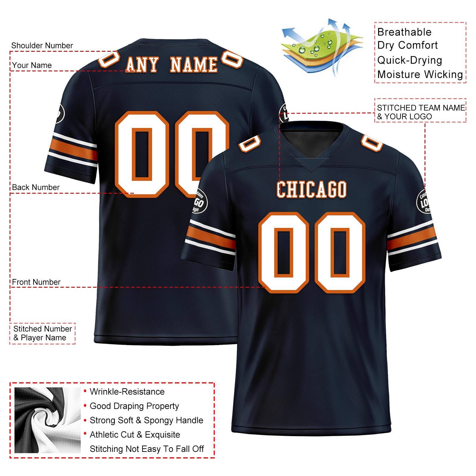 Custom Navy Chicago Personalized Authentic Football Jersey FBJ02-D020256-4