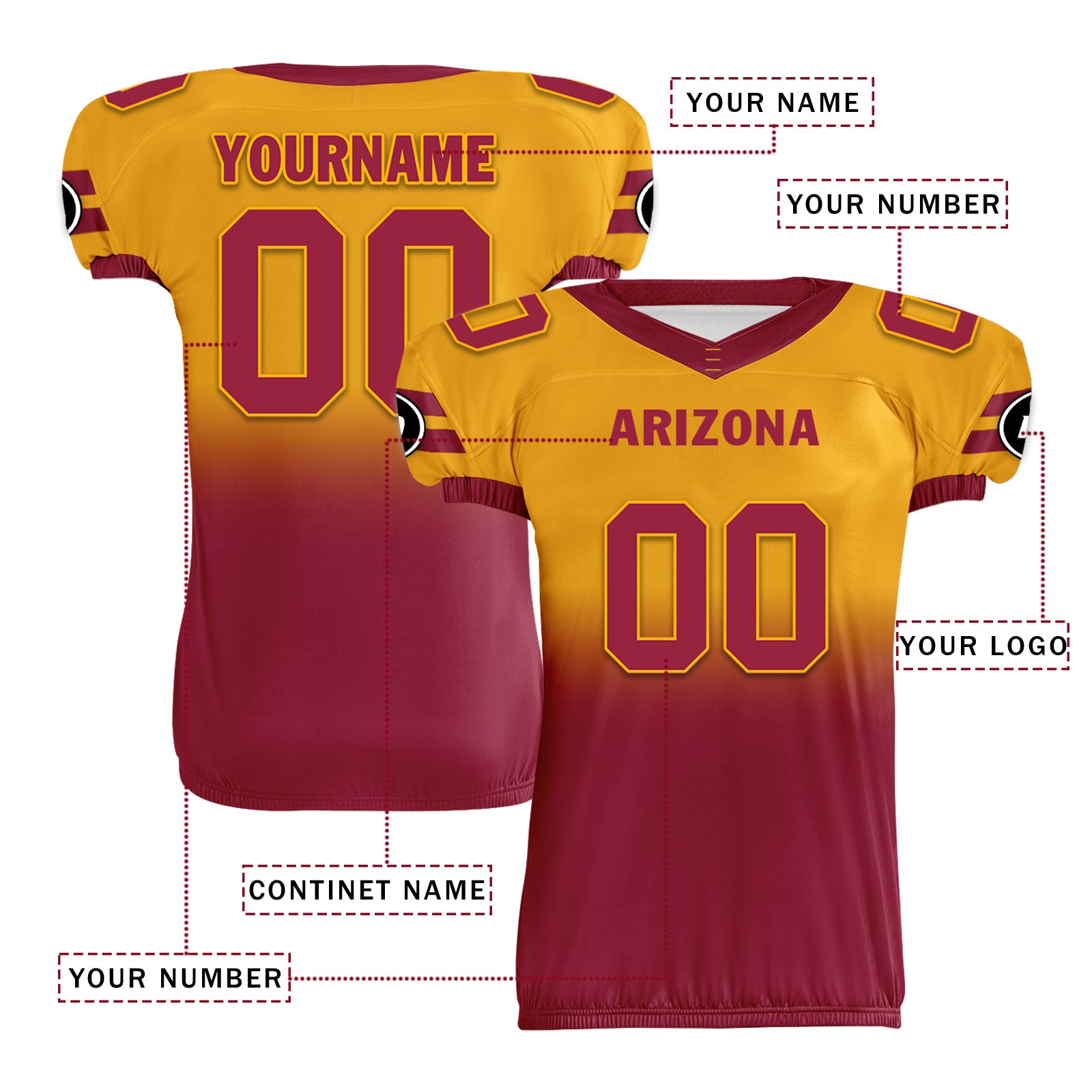 Custom Yellow Red Fade Fashion Arizona High-Performance American Football Jersey FBJ06-D020252-1