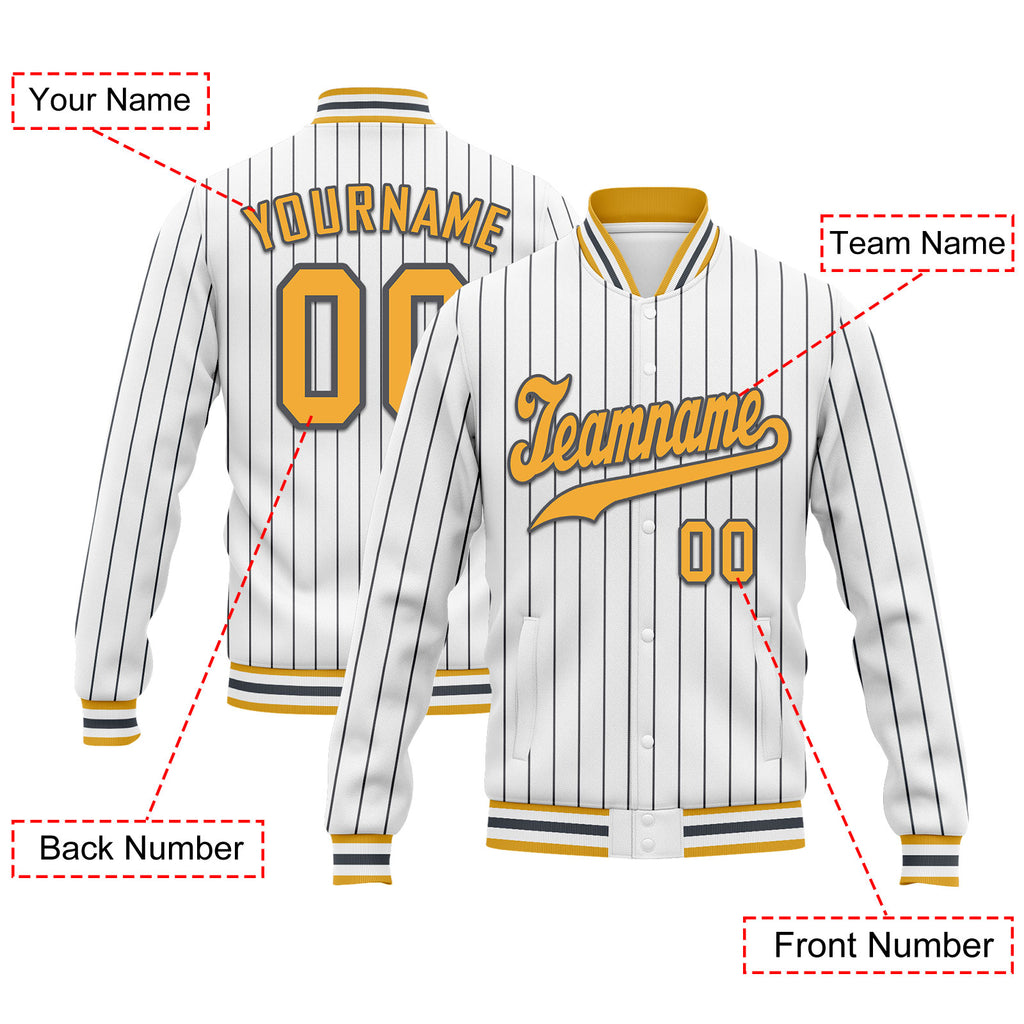 Custom White Gray Stripe Fashion Jacket Bomber Full-Snap Varsity Letterman Personalized Jacket FZ005-D020219-17