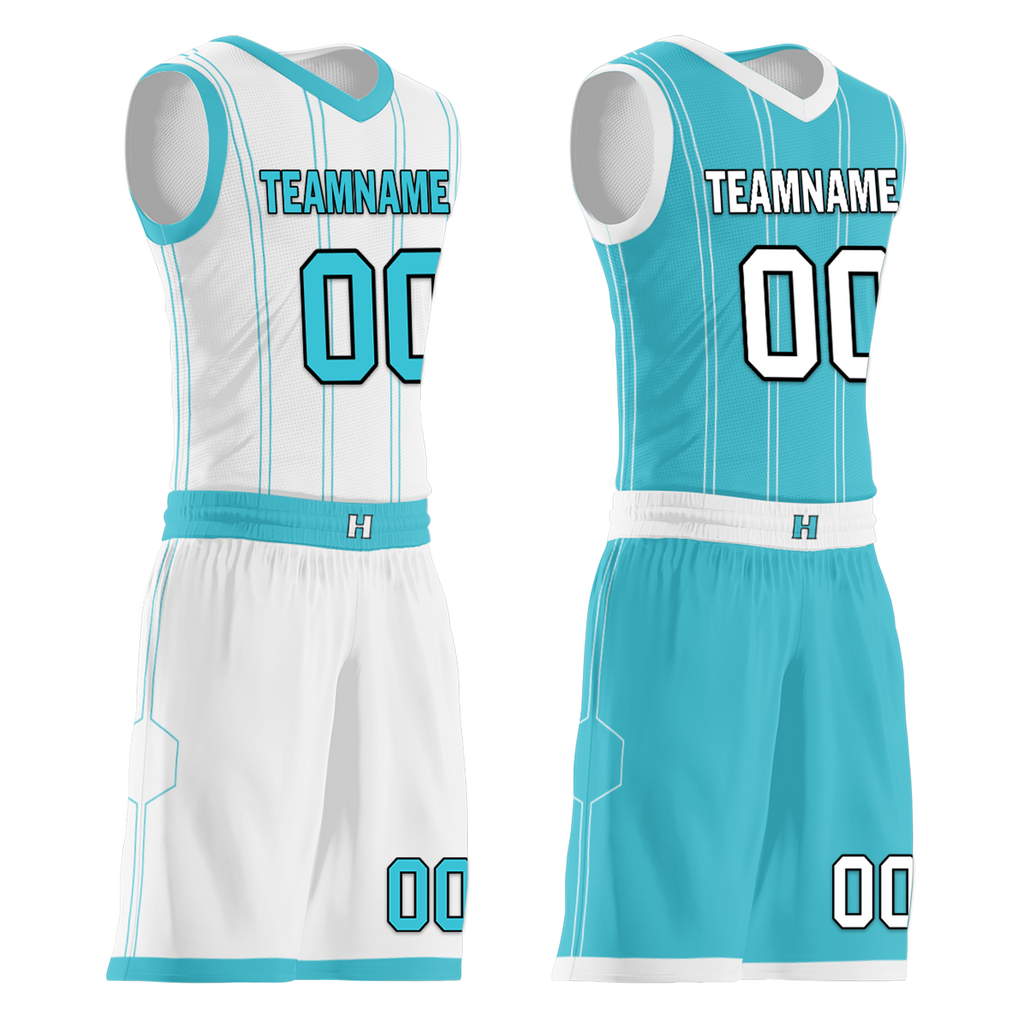 Custom White Blue Classic Style Reversible Basketball Uniform Personalized COOLMAX BBJR-D017013