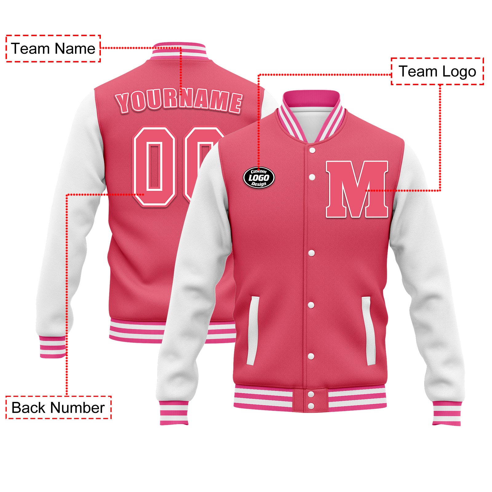 Custom Pink White Waterproof Jacket Bomber Full-Snap Varsity Letterman Personalized Jacket FZ007CD-D020316-14