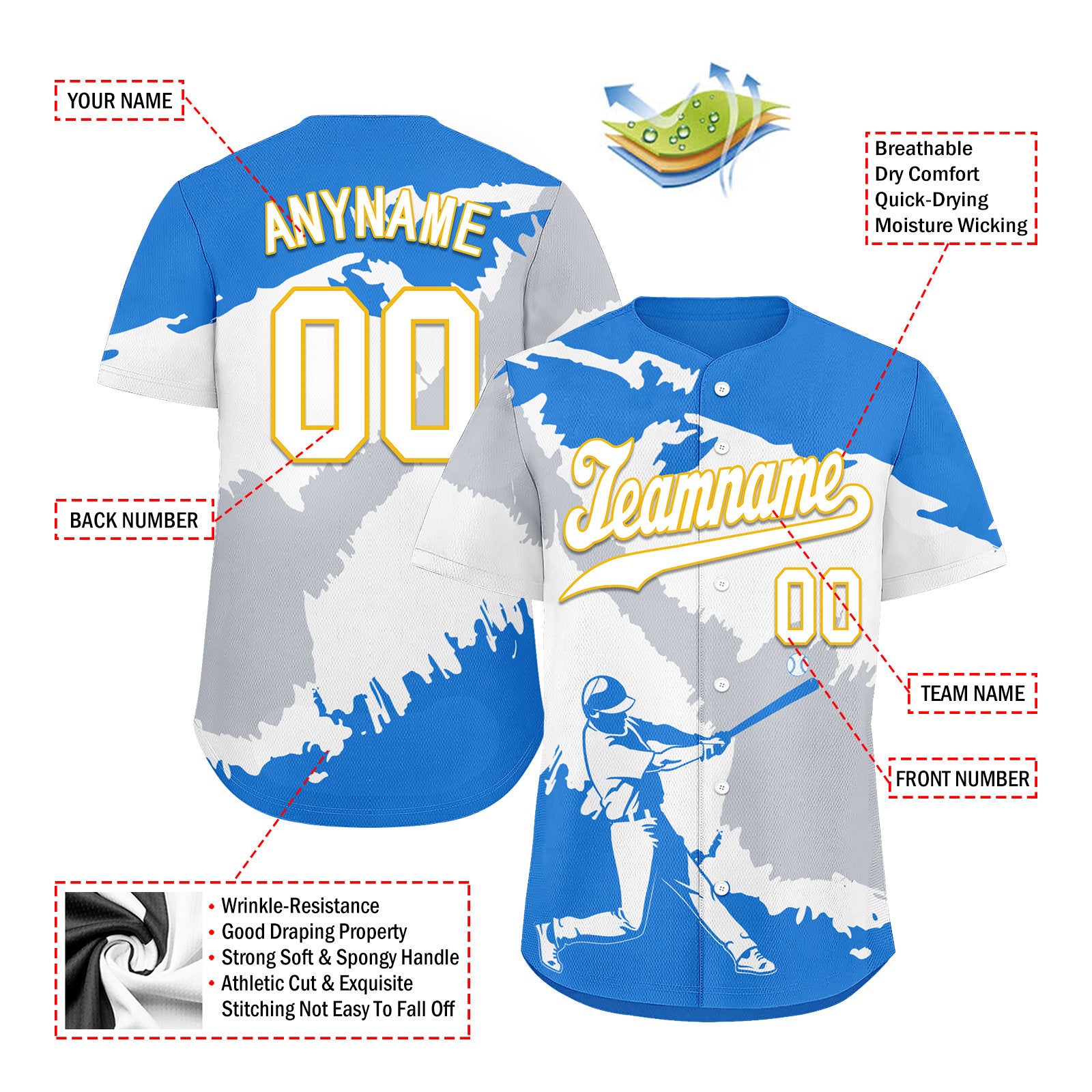 Custom Blue Gold Silver Nicaraguan Flag Personalized Authentic Baseball Jersey BSBJ01-E06022-9