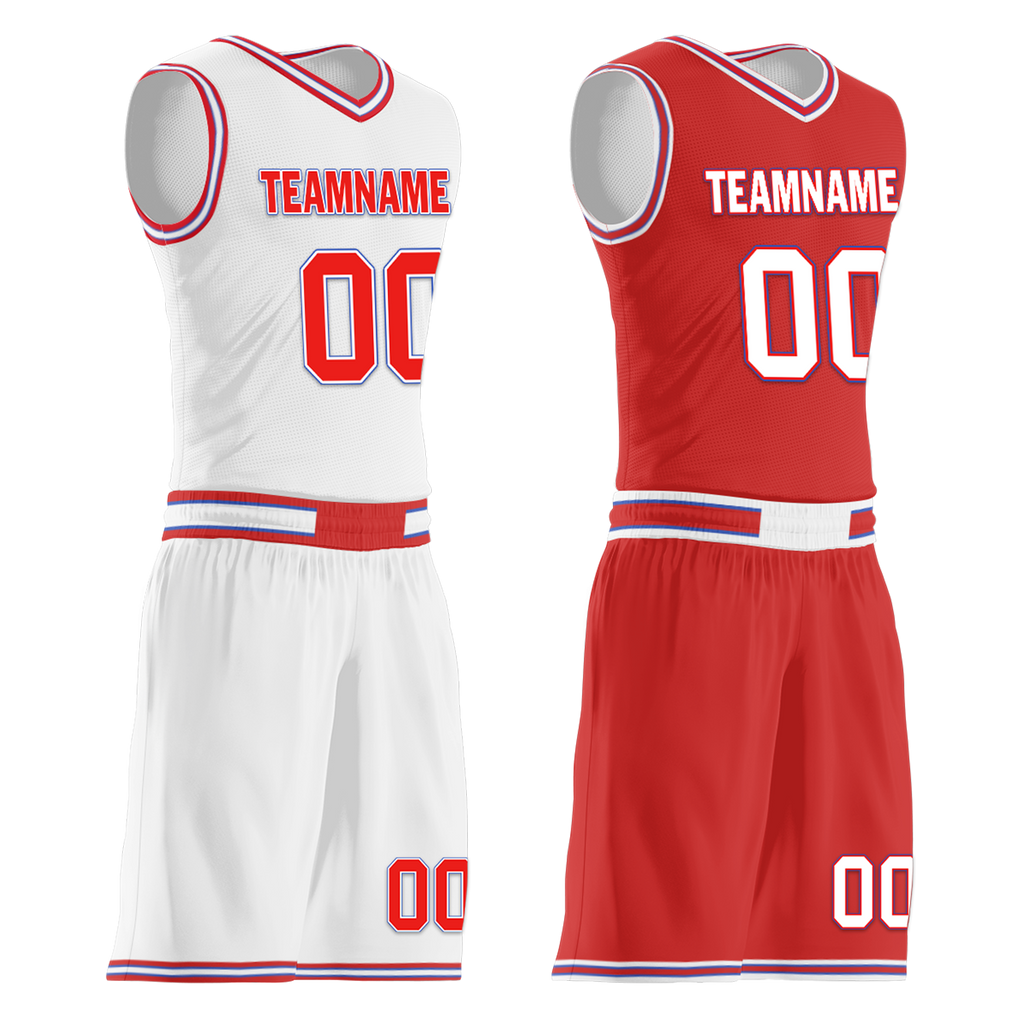 Custom White Red Classic Style Reversible Basketball Uniform Personalized COOLMAX BBJR-D017041