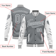 Custom Gray White Raglan Sleeves Jacket Bomber Full-Snap Varsity Letterman Personalized Jacket FZ005-D023002-10