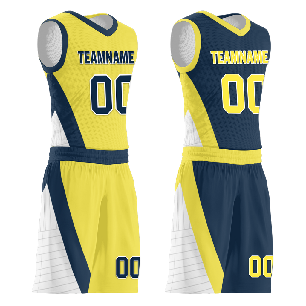 Custom Yellow Blue Classic Style Reversible Basketball Uniform Personalized COOLMAX BBJR-D017060