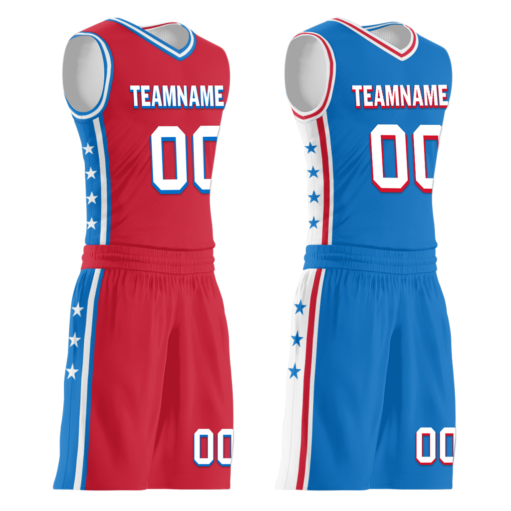 Custom Red Blue Classic Style Reversible Basketball Uniform Personalized COOLMAX BBJR-D017022