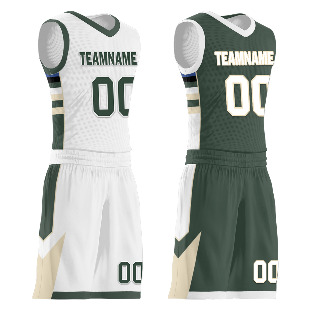 Custom White Green Classic Style Reversible Basketball Uniform Personalized COOLMAX BBJR-D017010
