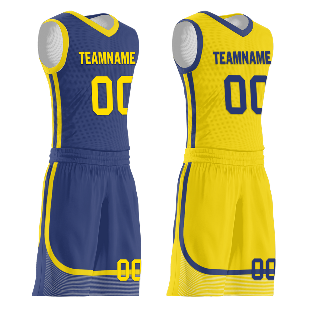 Custom Blue Yellow Classic Style Reversible Basketball Uniform Personalized COOLMAX BBJR-D017003