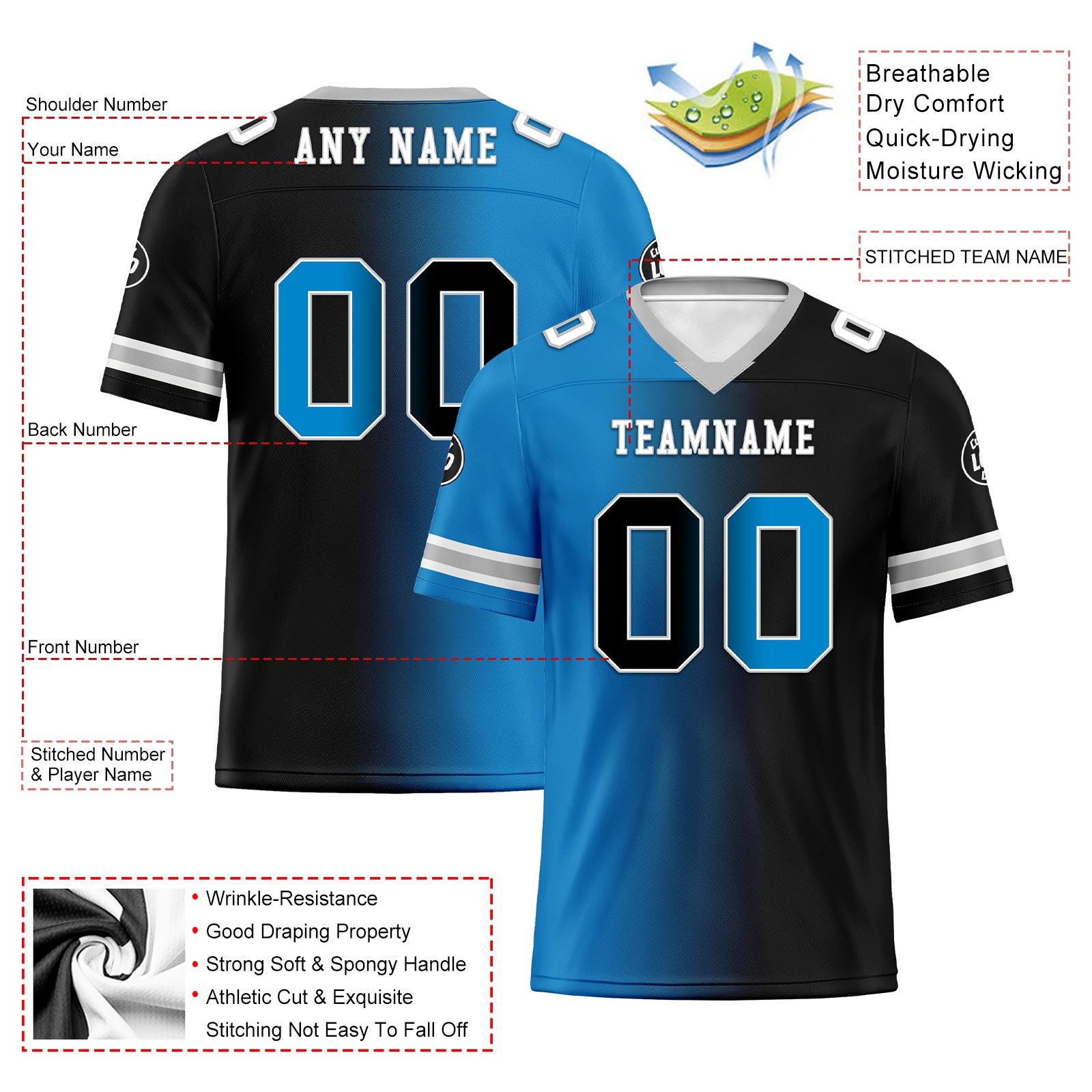 Custom Blue Black North Carolina Personalized Authentic Football Jersey FBJ02-D028017-3