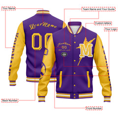 Custom Purple Yellow Minnesota Jacket Bomber Full-Snap Varsity Letterman Personalized Jacket FZ005SX-D020290-17