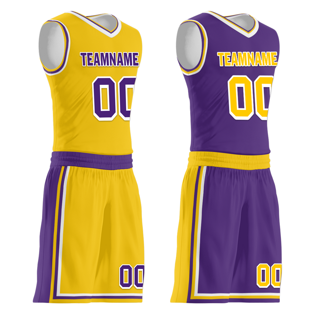 Custom Yellow Purple Classic Style Reversible Basketball Uniform Personalized COOLMAX BBJR-D017034