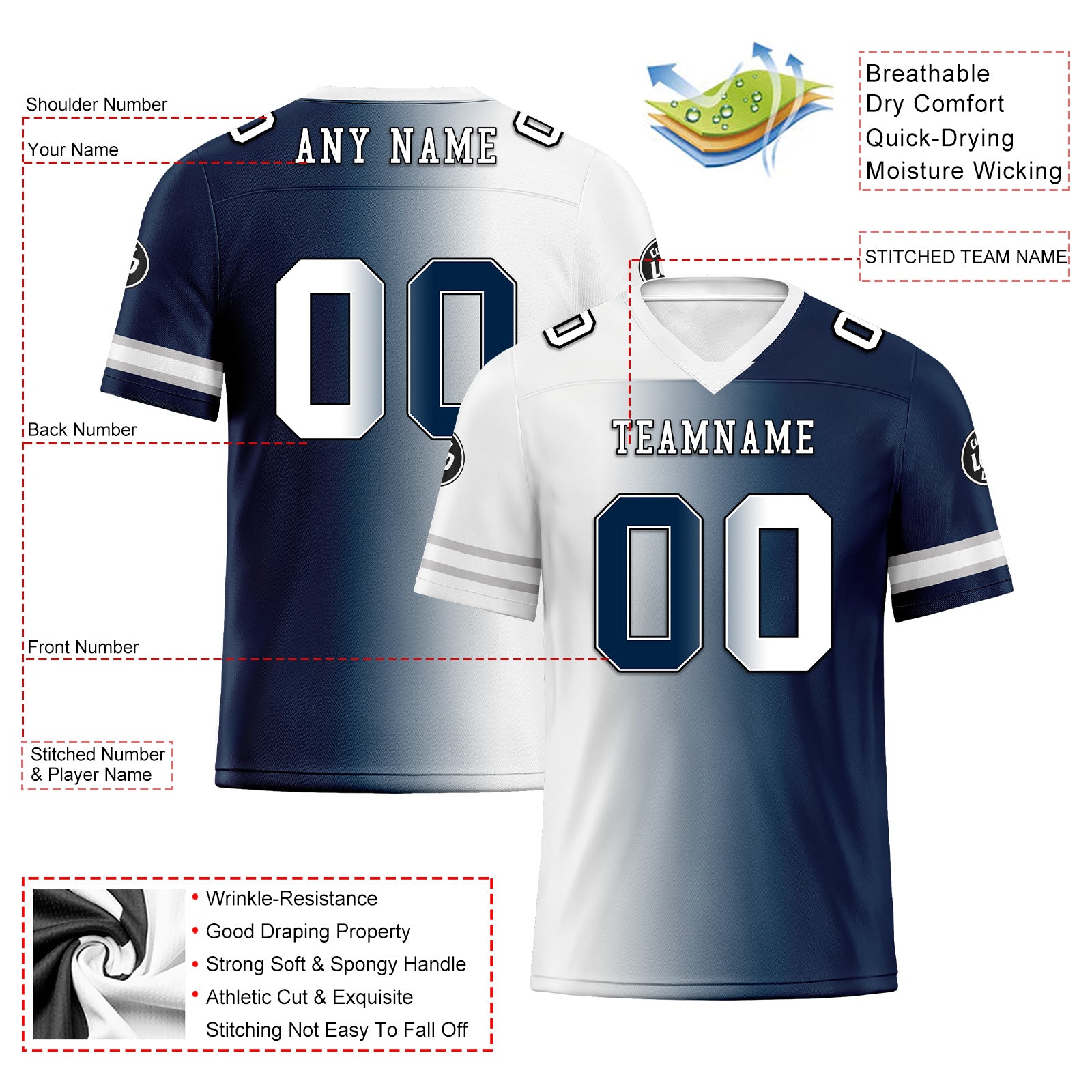 Custom Deep Blue White Texas Personalized Authentic Football Jersey FBJ02-D028017-5