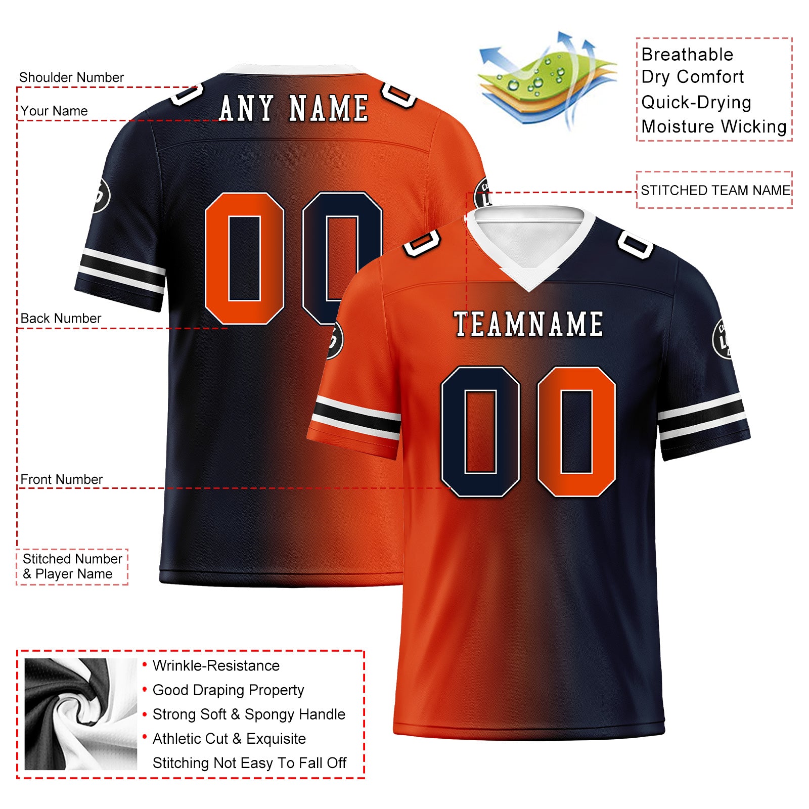 Custom Deep Blue Orange Illinois Personalized Authentic Football Jersey FBJ02-D028017-4