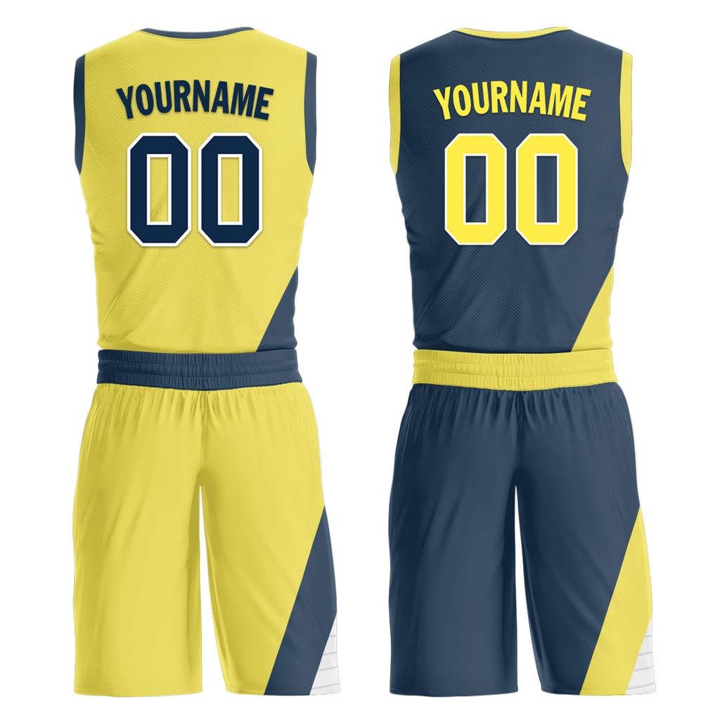 Custom Yellow Blue Classic Style Reversible Basketball Uniform Personalized COOLMAX BBJR-D017060
