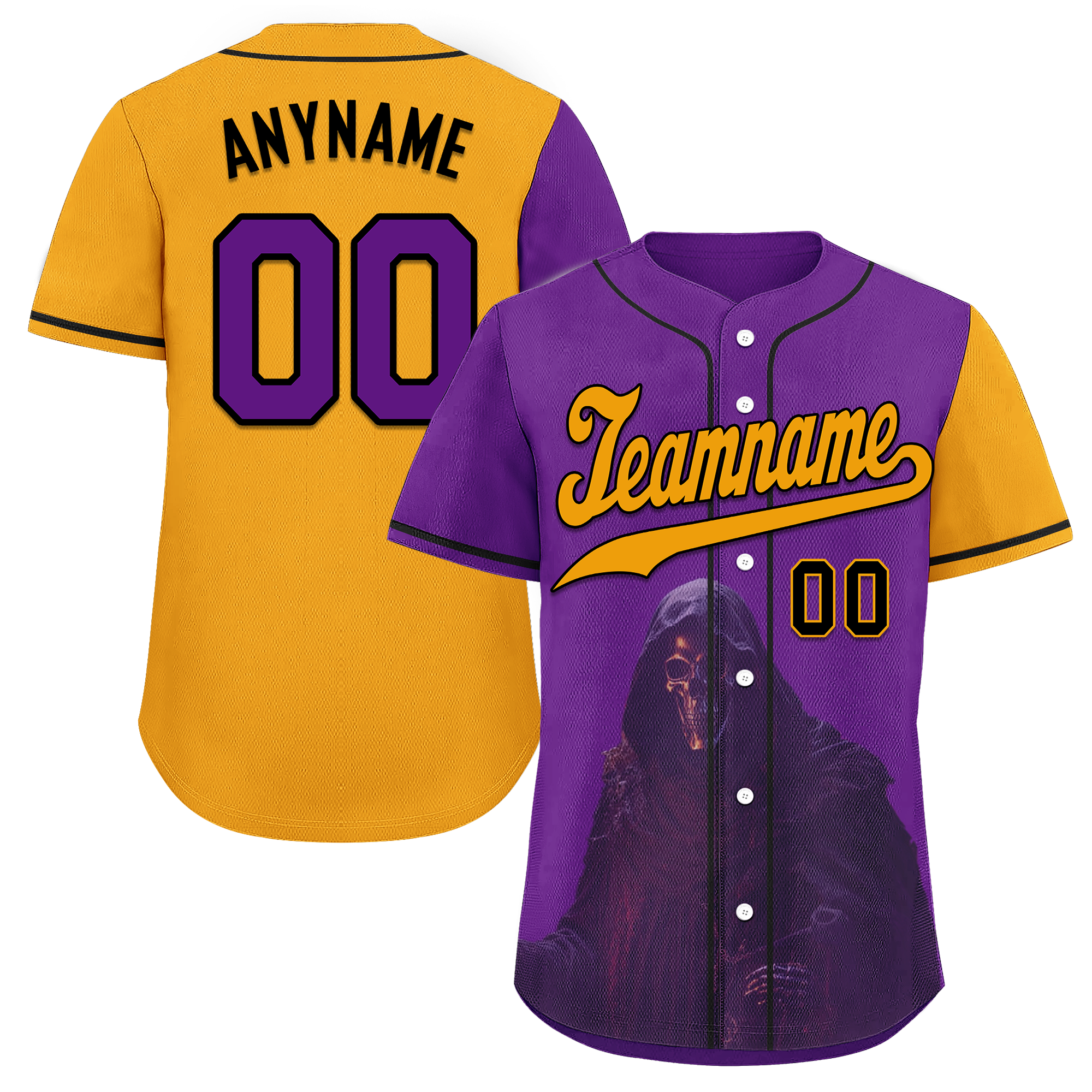 Custom Purple Yellow Skull Fashion Personalized Authentic Baseball Jersey BSBJ01-D017149
