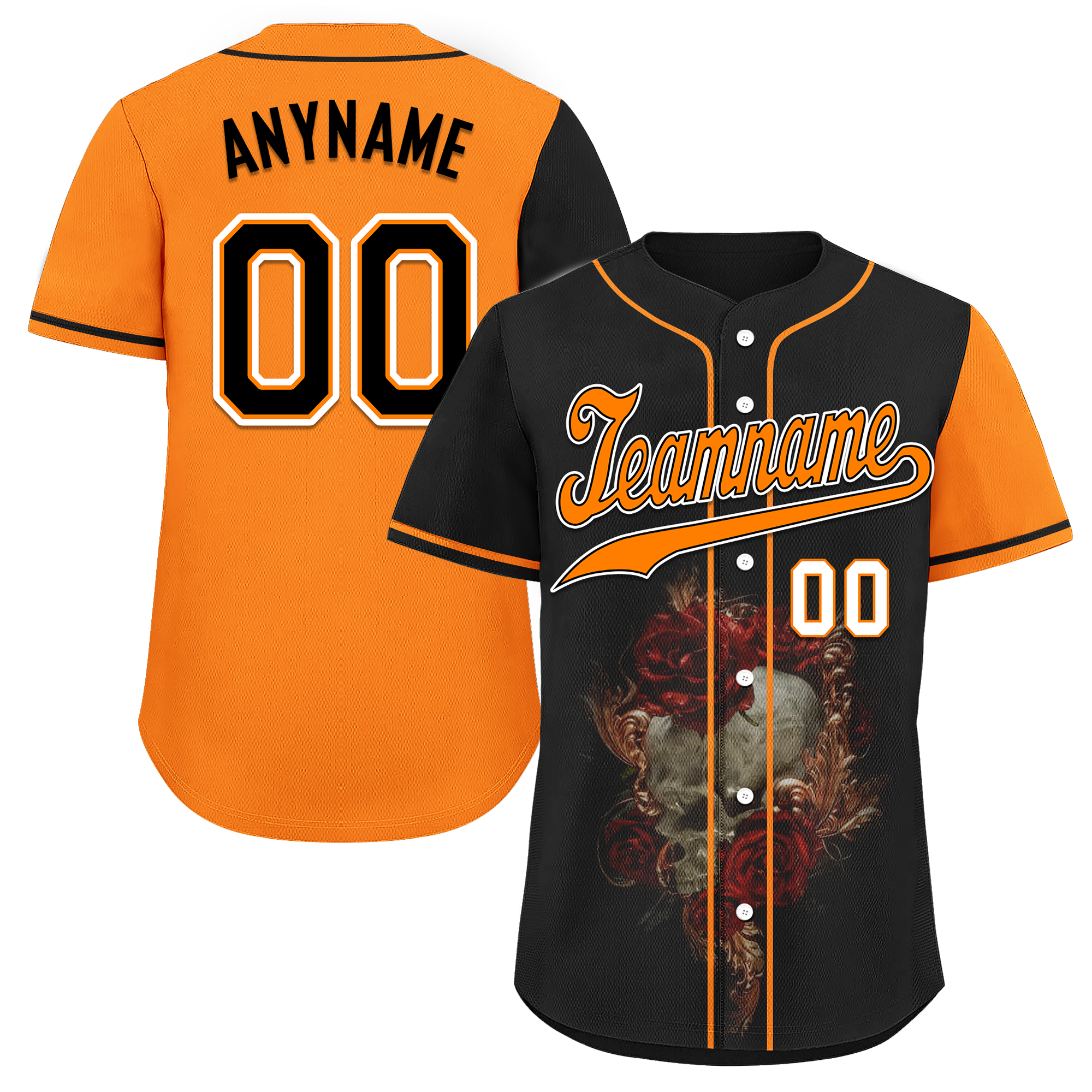 Custom Black Orange Skull Fashion Personalized Authentic Baseball Jersey BSBJ01-D017156