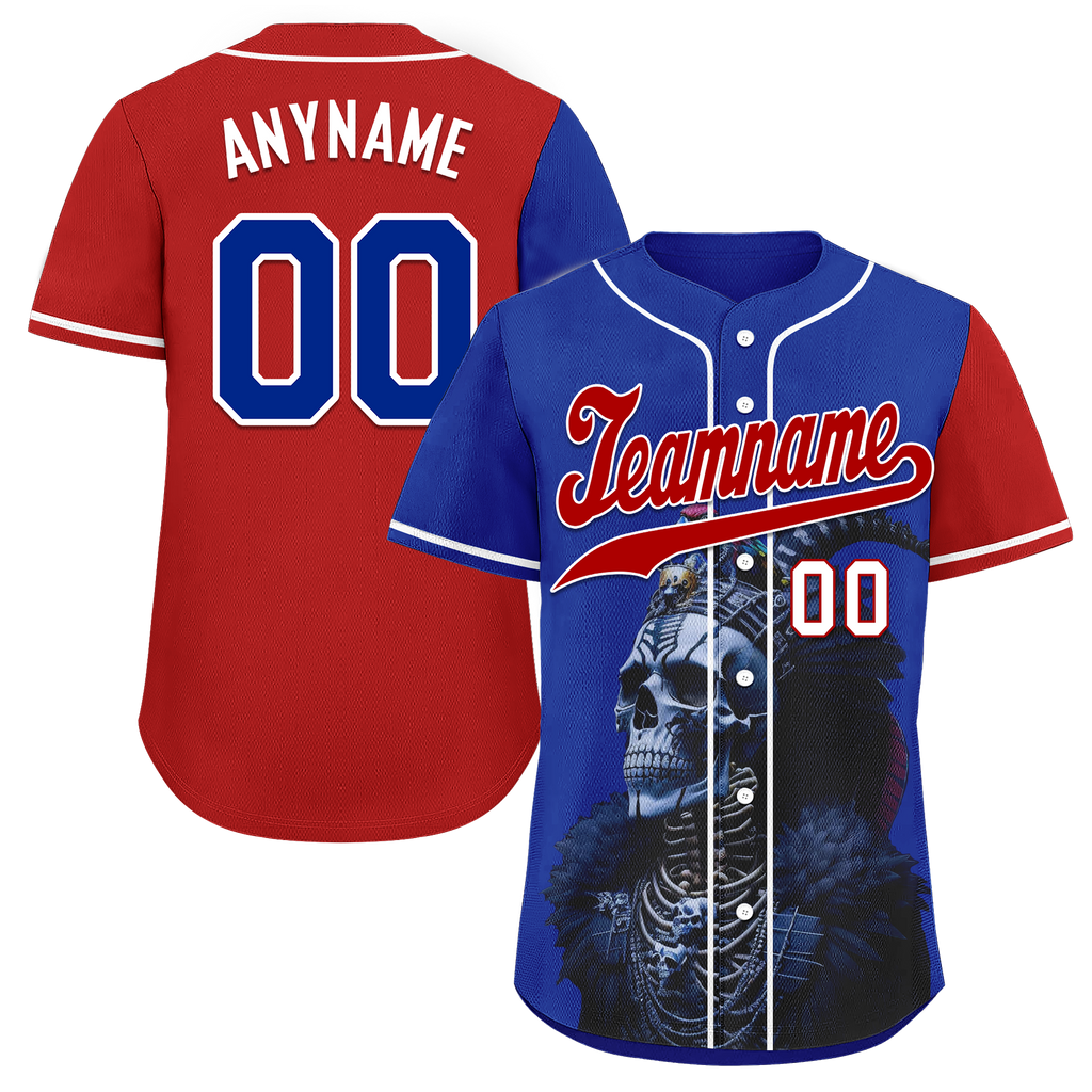 Custom Blue Red Skull Fashion Personalized Authentic Baseball Jersey BSBJ01-D017146