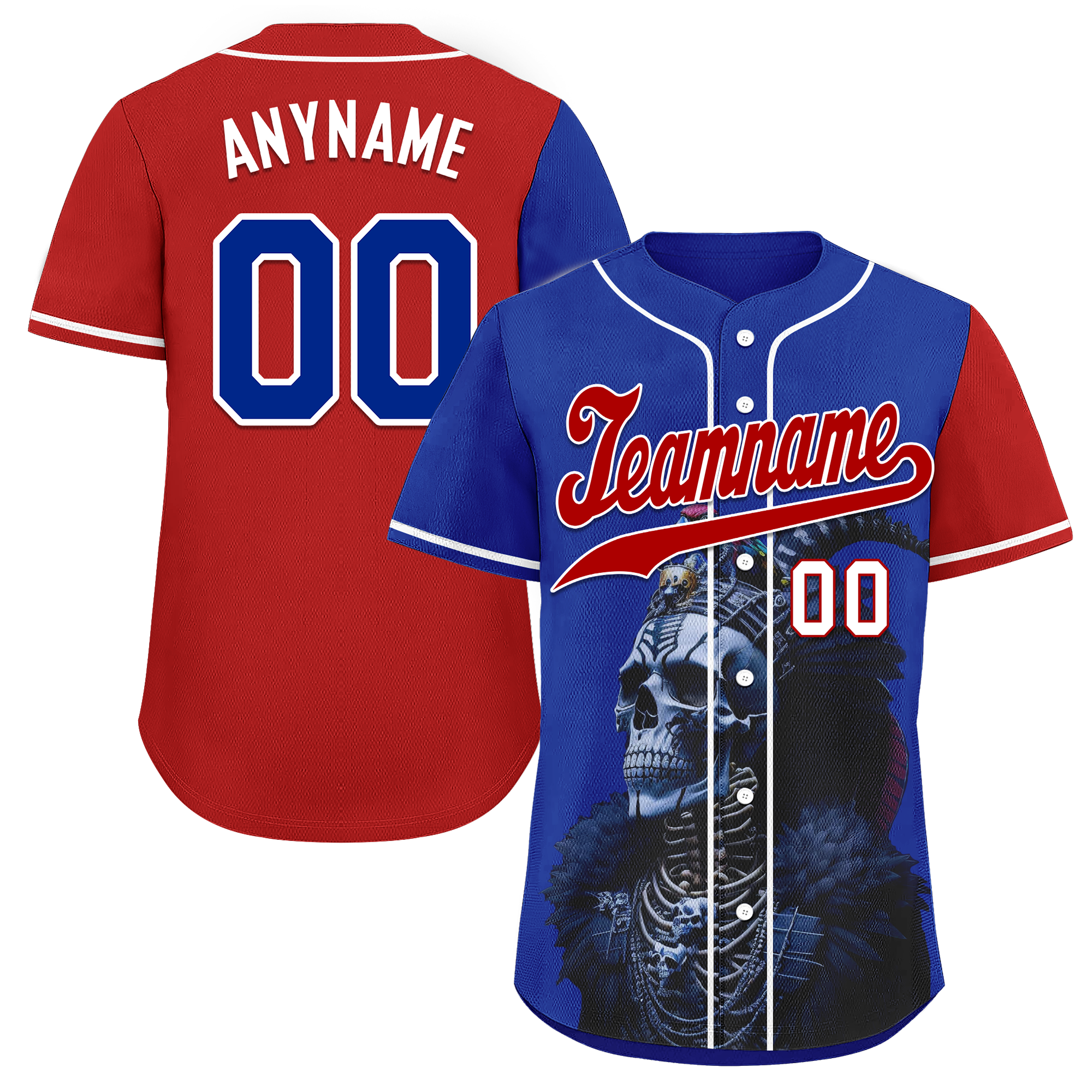 Custom Blue Red Skull Fashion Personalized Authentic Baseball Jersey BSBJ01-D017146