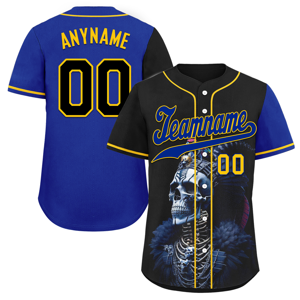Custom Black Blue Skull Fashion Personalized Authentic Baseball Jersey BSBJ01-D017147