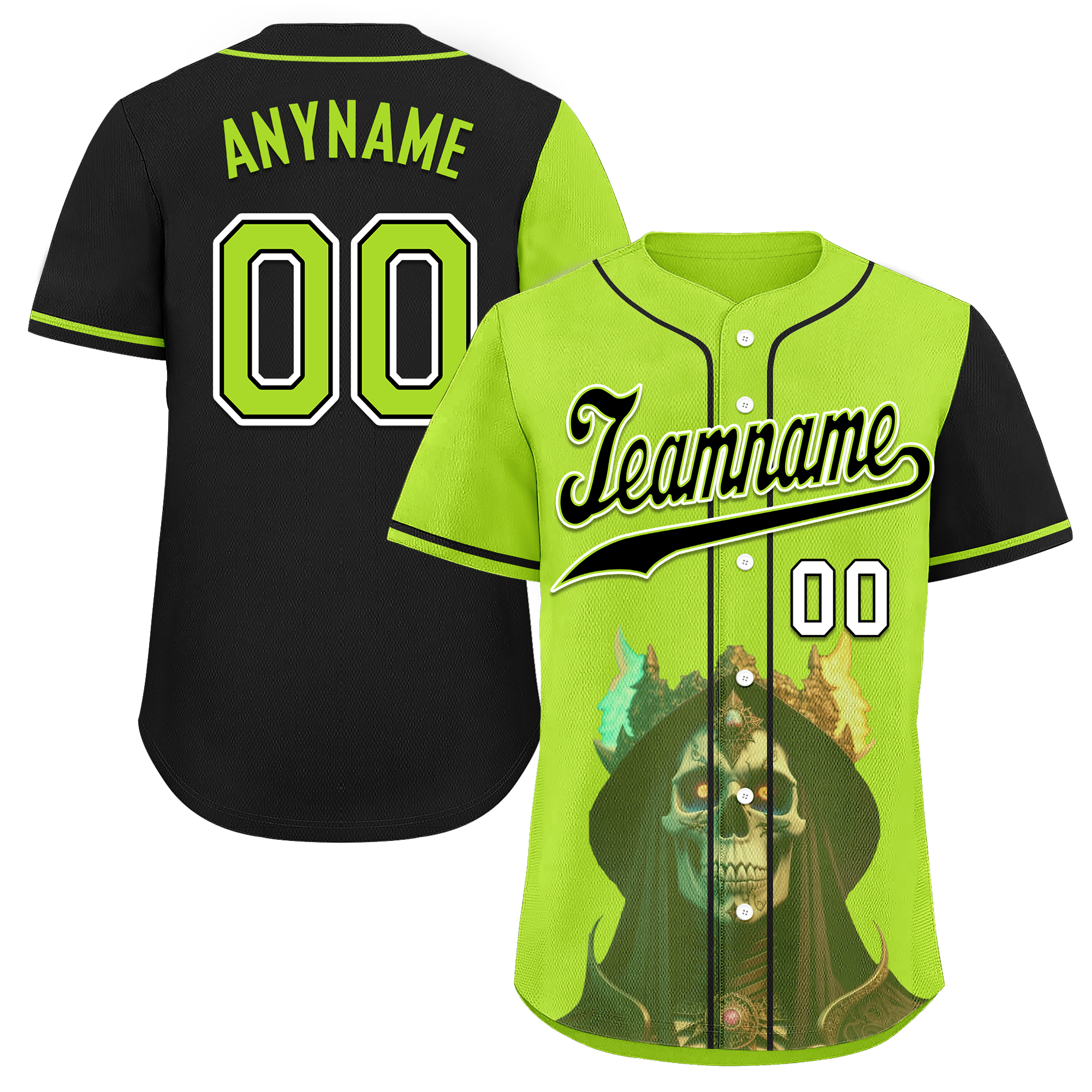 Custom Green Black Skull Fashion Personalized Authentic Baseball Jersey BSBJ01-D017153