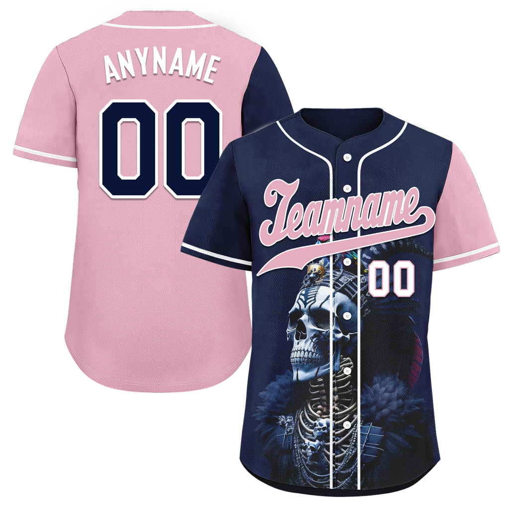 Custom Blue Pink Skull Fashion Personalized Authentic Baseball Jersey BSBJ01-D017145