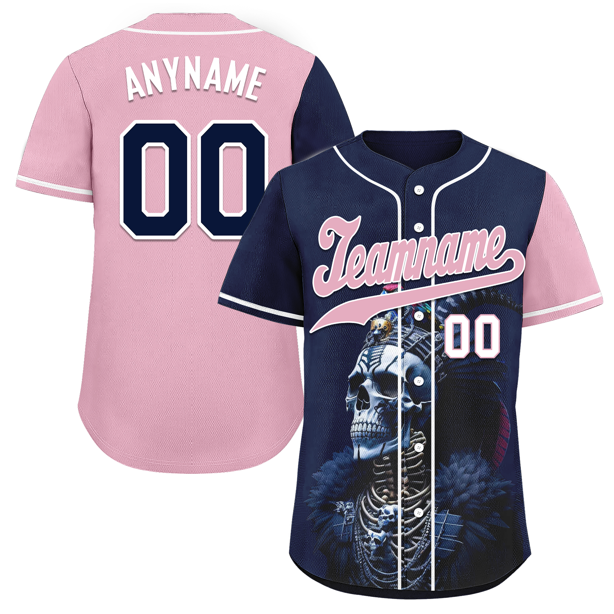 Custom Blue Pink Skull Fashion Personalized Authentic Baseball Jersey BSBJ01-D017145