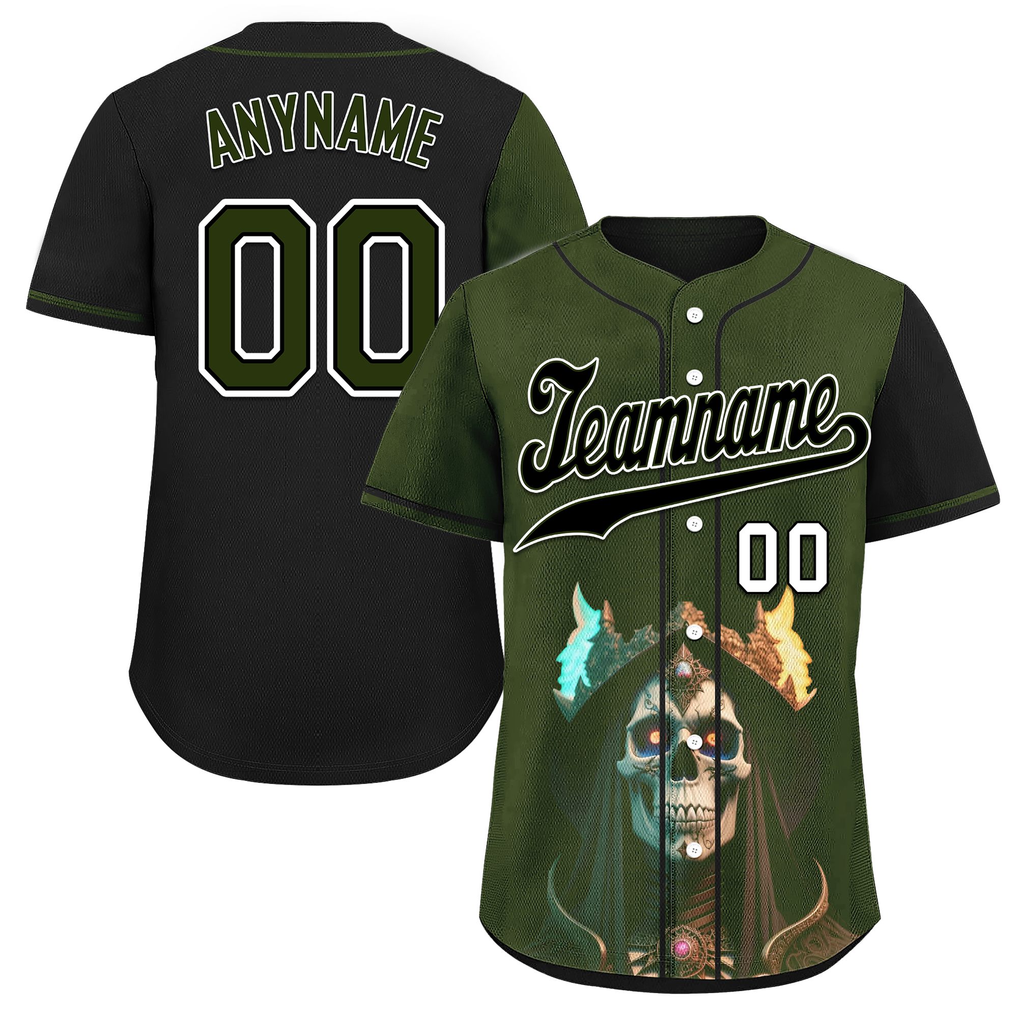 Custom Green Black Skull Fashion Personalized Authentic Baseball Jersey BSBJ01-D017152