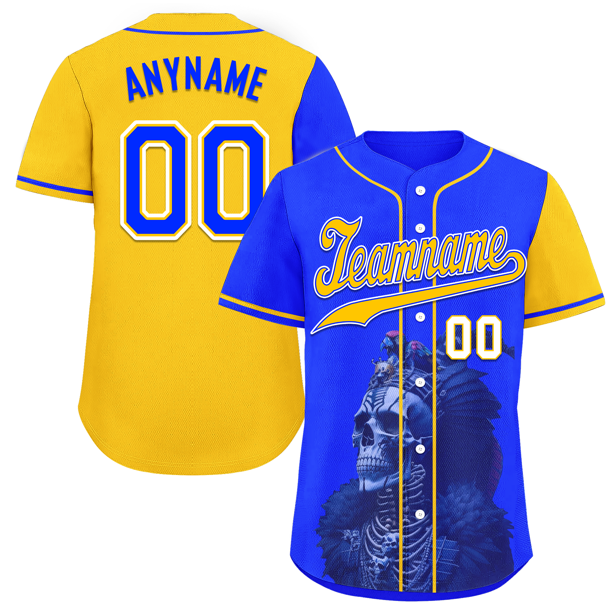Custom Blue Yellow Skull Fashion Personalized Authentic Baseball Jersey BSBJ01-D017157